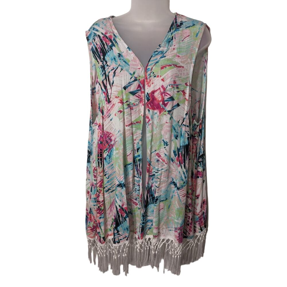 CJ Banks Tropical Fringe Coverup Kimono 2X Beach Swim Resort Vacation Pool